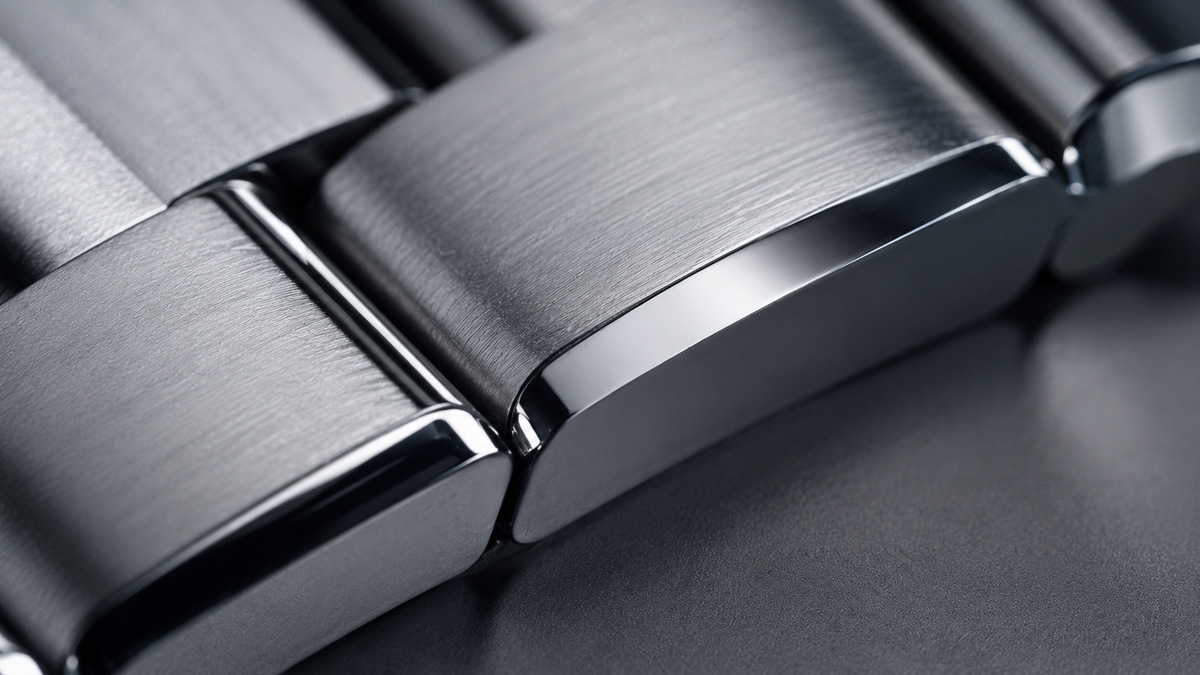 An ultra high definition macro shot focusing on the transition between brushed and polished surfaces of a luxury metal bracelet to show the pristine results of learning how to clean stainless steel watch strap links safely