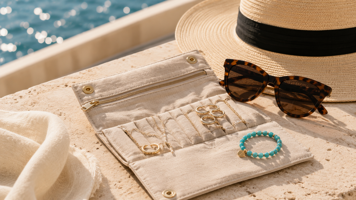 A straw hat, sunglasses, and an open linen travel jewelry roll displaying gold rings and bracelets on a stone terrace ledge, highlighting versatile picks for summer jewelry online.