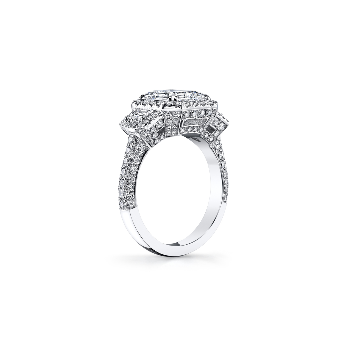 Asscher Cut 3.05ct Platinum Diamond Ring with Cadillac Trapezoid Side Stones
