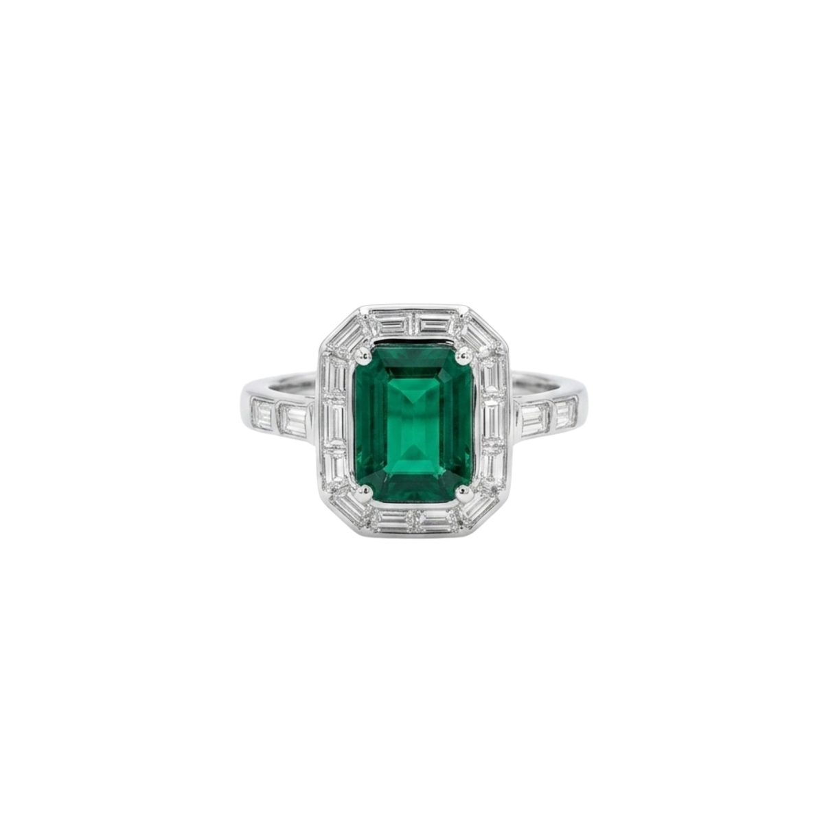 18K White Gold 2.75ct Emerald and Diamond Halo Ring