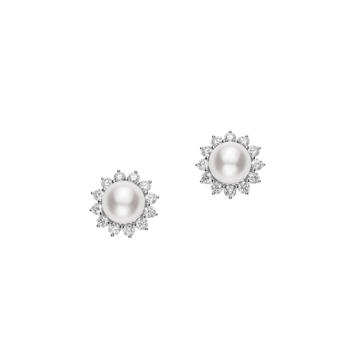 Mikimoto Jewelry - Classic Elegance 18K White Gold White Akoya Cultured Pearl & Diamond Halo Earrings | Manfredi Jewels