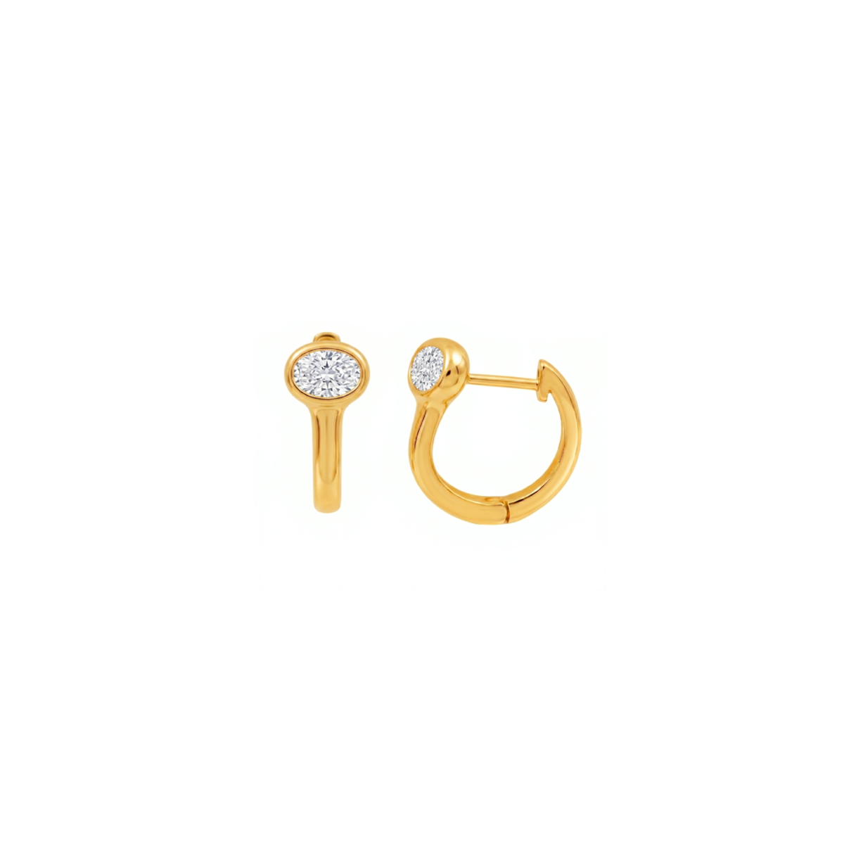 14K Yellow Gold Oval Diamond Bezel Set Huggies