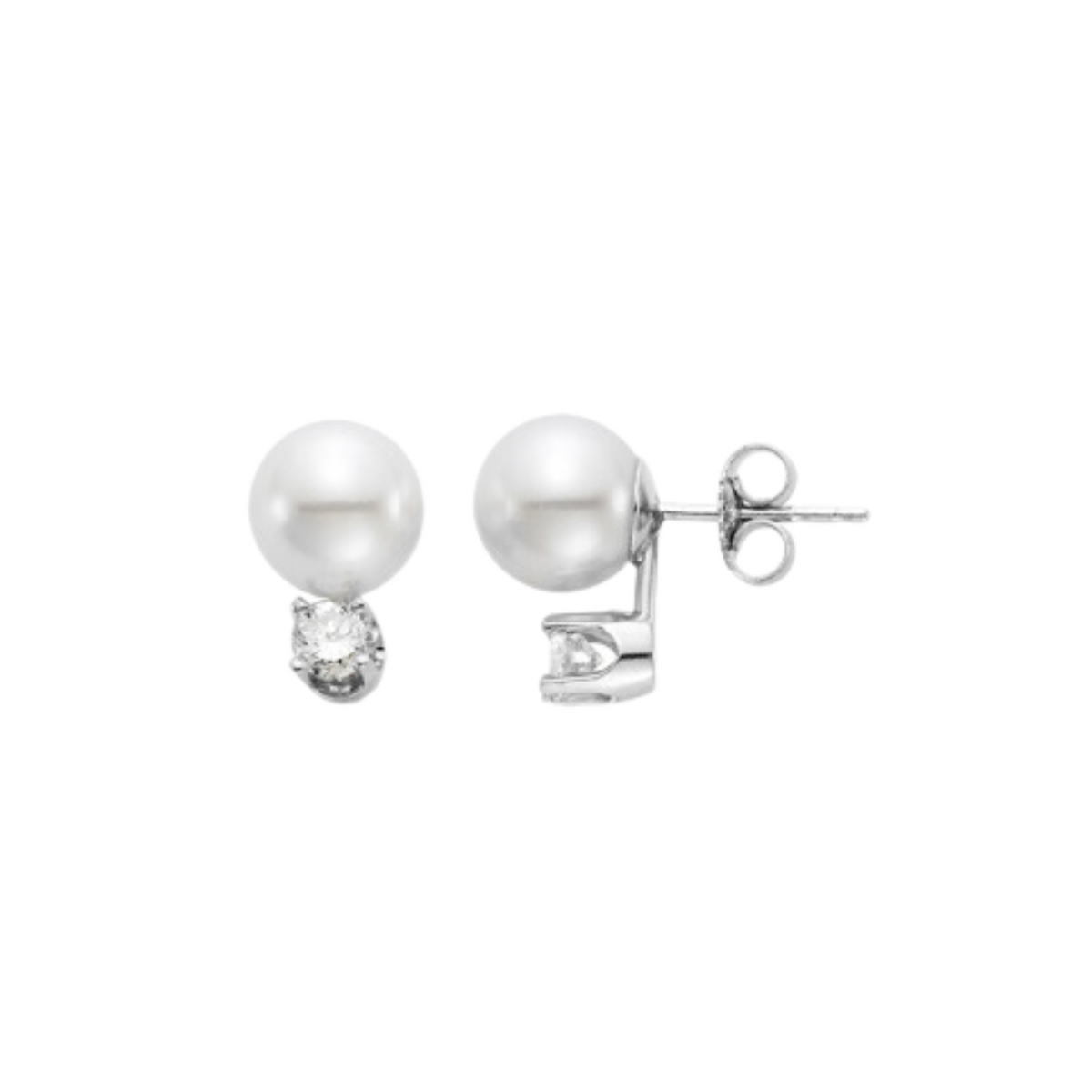 Mastoloni - Akoya Pearl 14K White Gold 8.5-9mm White AA Pearl Stud Earrings set with Round Brilliant Cut Diamonds | Manfredi Jewels