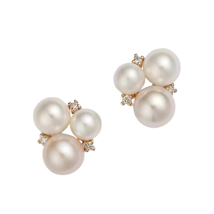 Mastoloni - Cultured Freshwater Pearl & Diamond Cluster Stud Earrings in 14K Yellow Gold | Manfredi Jewels