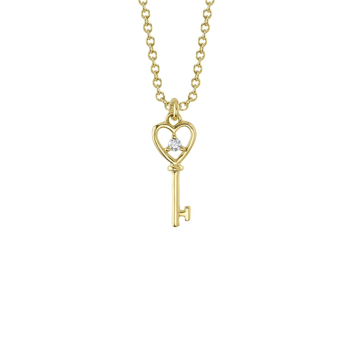14K Yellow Gold Diamond Heart Key Pendant Necklace