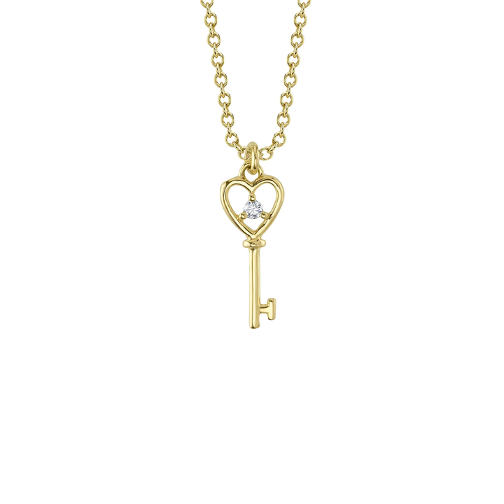 14K Yellow Gold Diamond Heart Key Pendant Necklace