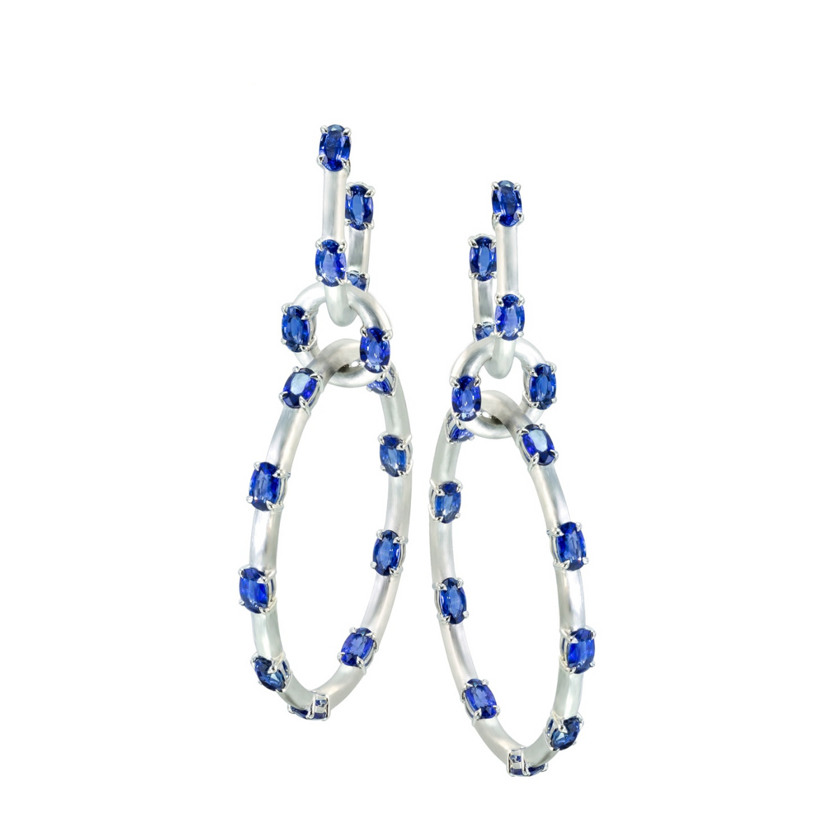 Etho Maria Jewelry - Dolce 18K White Gold Satin Finish Blue Sapphires Hoop Drop Earrings | Manfredi Jewels