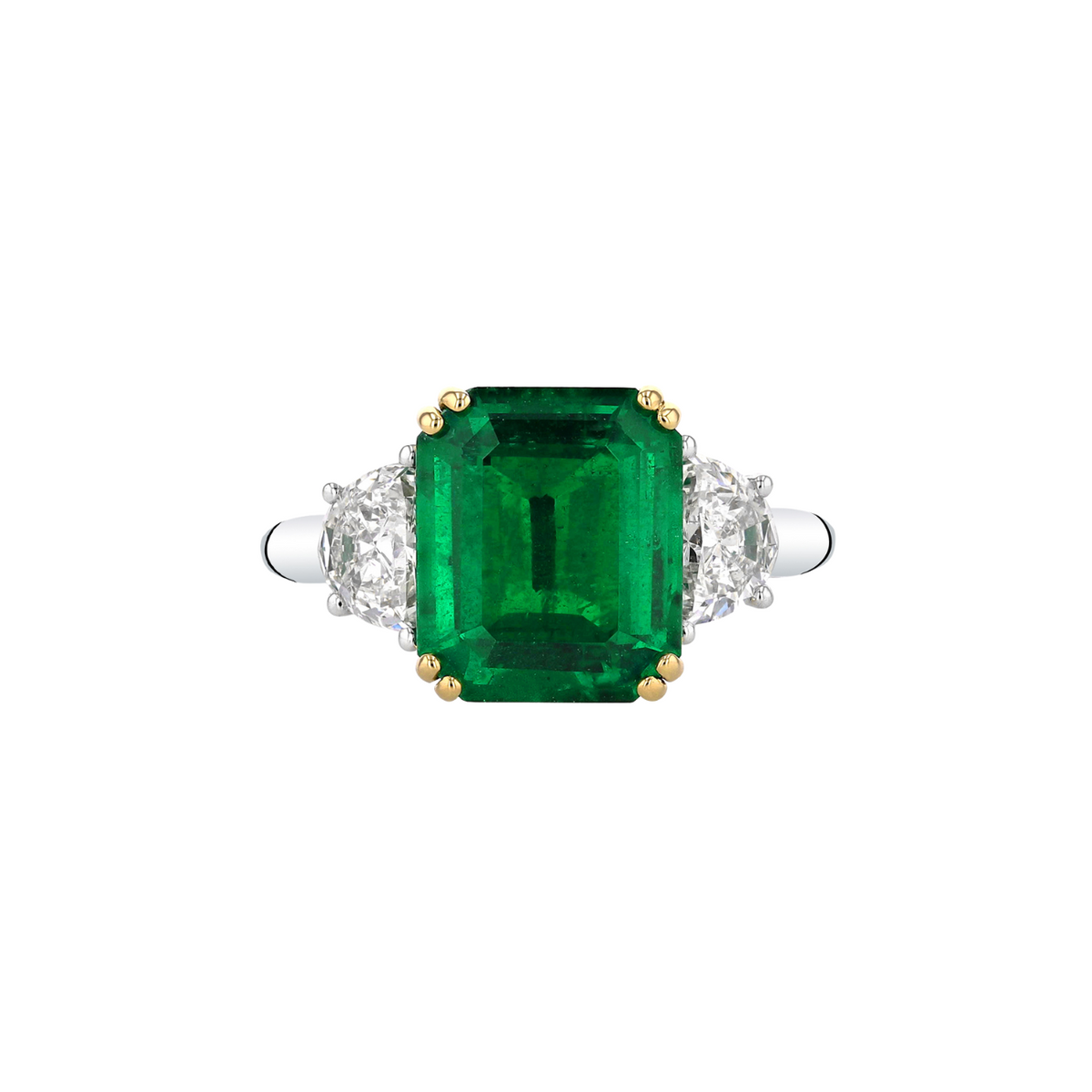 Manfredi Jewels Jewelry - Platinum & 18K Yellow Gold Three-Stone Ring with Emerald and Half Moon Diamonds | Manfredi Jewels