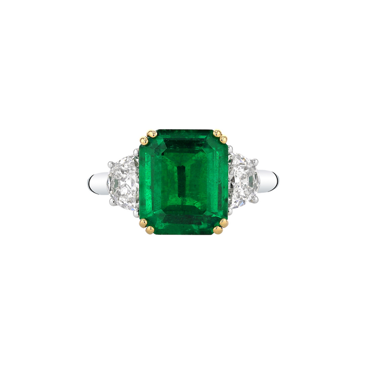 Manfredi Jewels Jewelry - Platinum & 18K Yellow Gold Three-Stone Ring with Emerald and Half Moon Diamonds | Manfredi Jewels