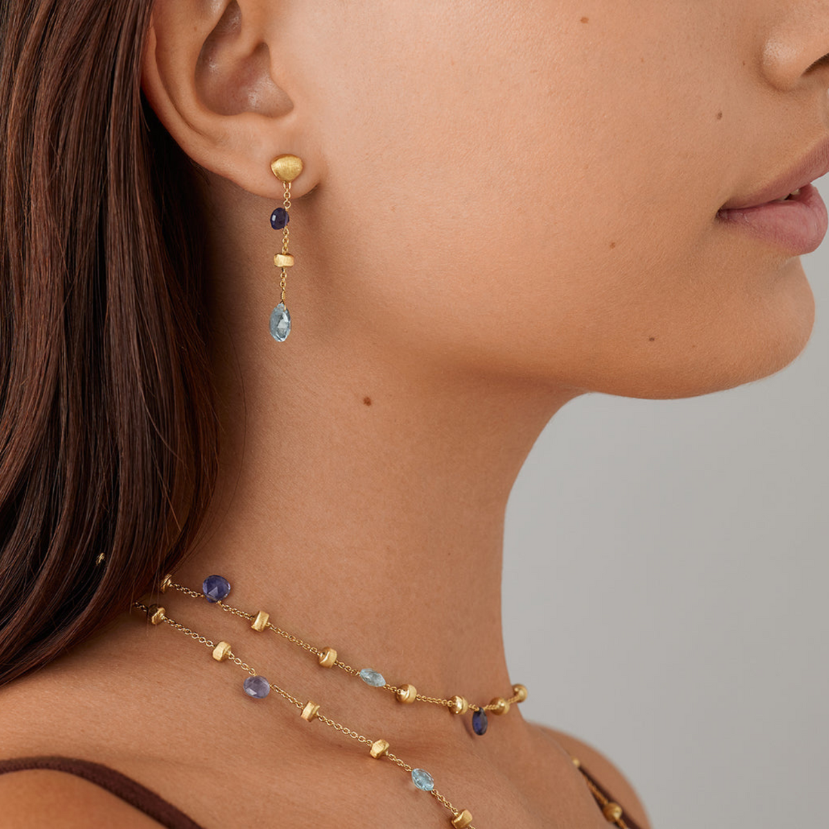 Marco Bicego Jewelry - Paradise 18K Yellow Gold Iolite & Blue Topaz Short Drop Earrings | Manfredi Jewels