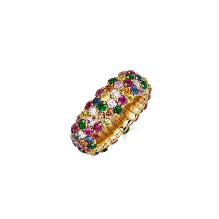 Zydo Italy Jewelry - Multicolor 18K Yellow Gold Sapphires and Tsavorites Stretch Small Ring | Manfredi Jewels