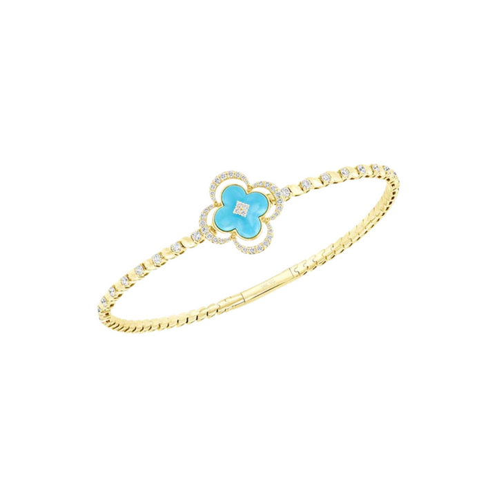 Manfredi Jewels Jewelry - 14K Yellow Gold Flexible Bangle With Diamond and Turquoise Clover | Manfredi Jewels