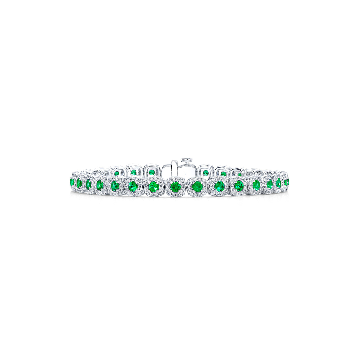 18K White Gold Emerald & Diamond Halo Tennis Bracelet