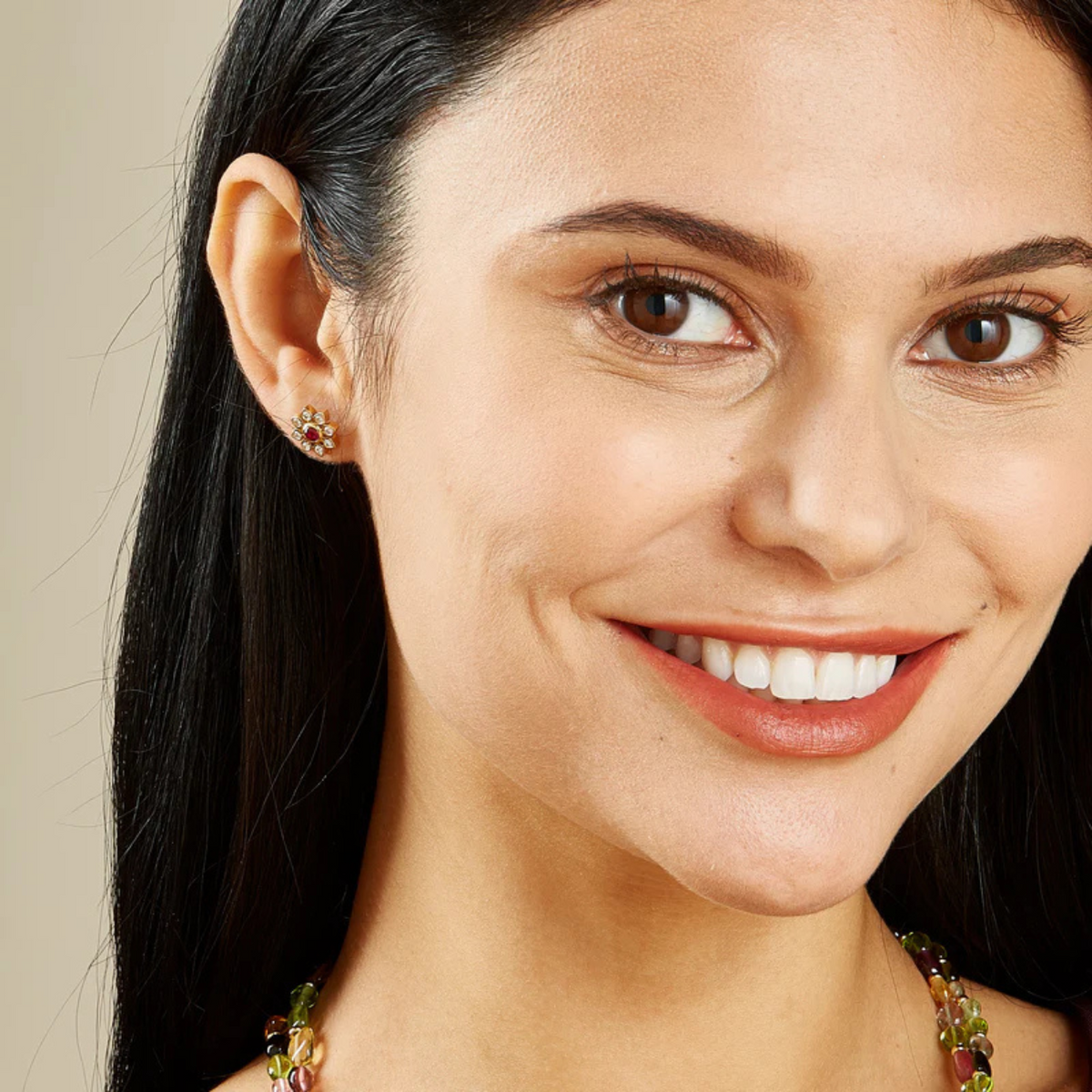 Syna Jewelry - Cosmic 18K Yellow Gold Diamond & Ruby Flower Studs | Manfredi Jewels