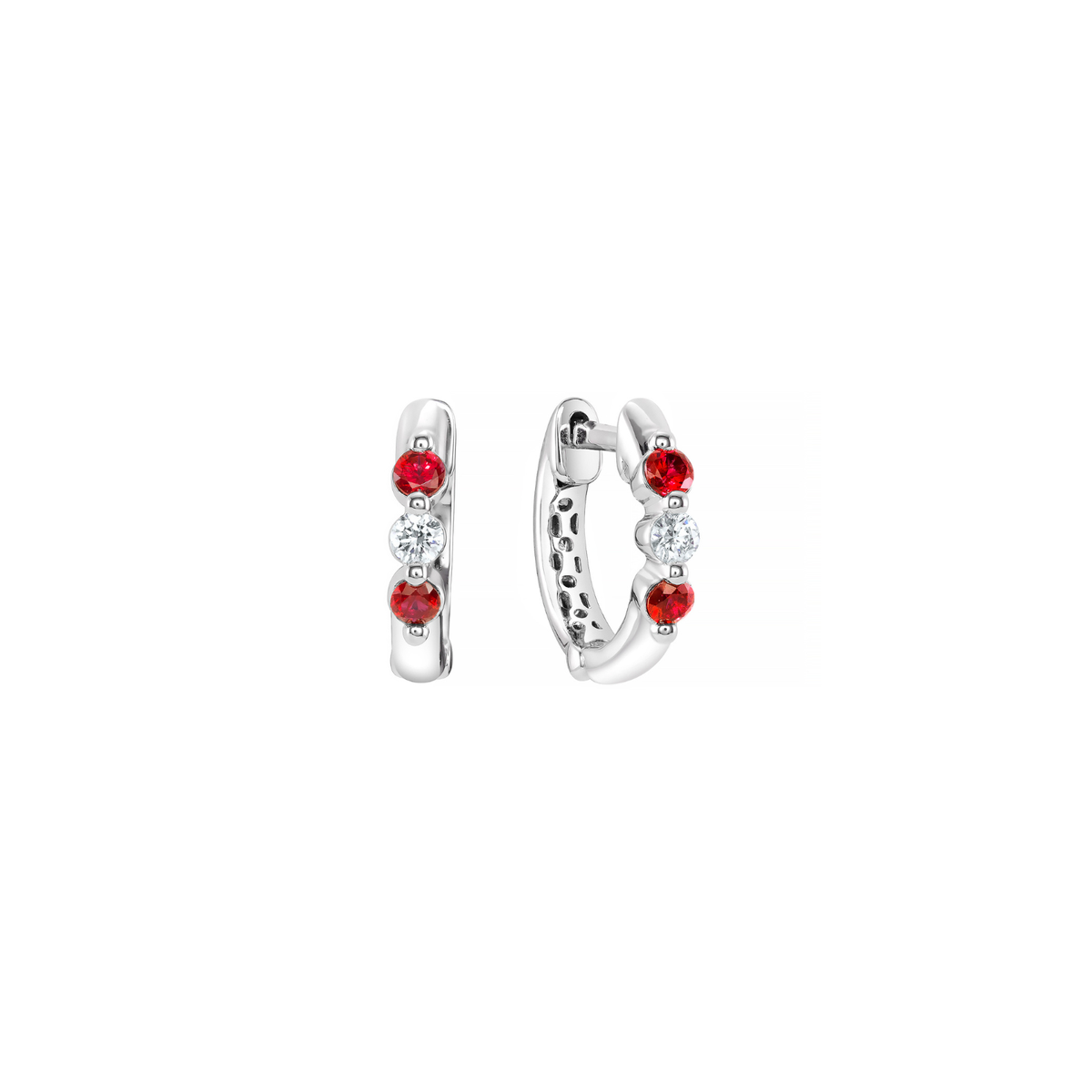 18K White Gold Diamond & Ruby Micro Alternating Huggie Hoops