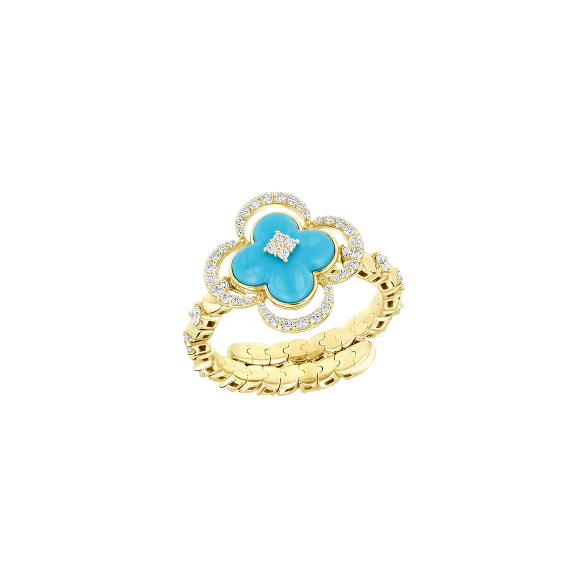 Manfredi Jewels Jewelry - 14K Yellow Gold Flexible Ring Featuring Diamond And Clover Turquoise | Manfredi Jewels