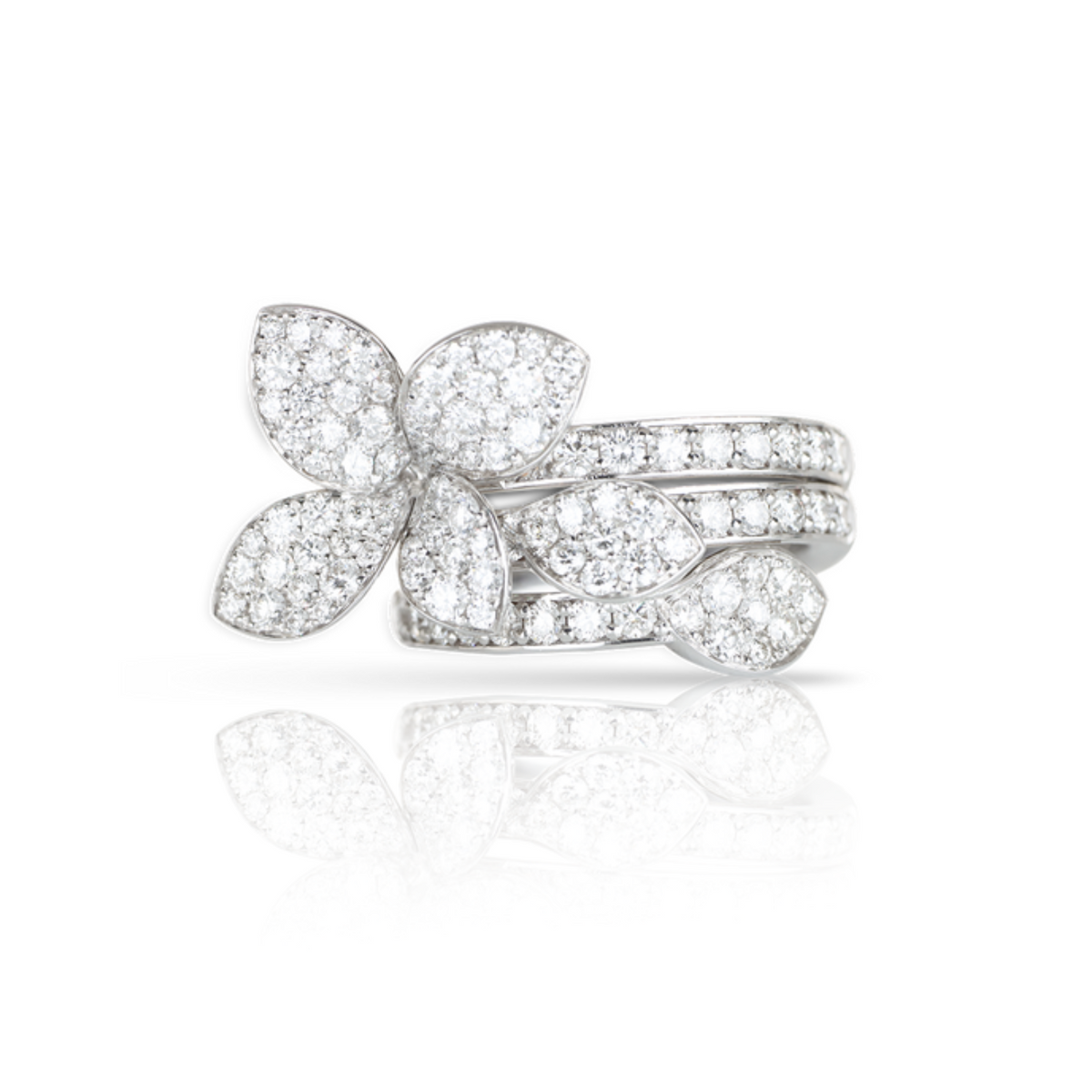 Pasquale Bruni Jewelry - Heart to Earth 18K White Gold Flower & Leaves Pavé Diamond Ring | Manfredi Jewels