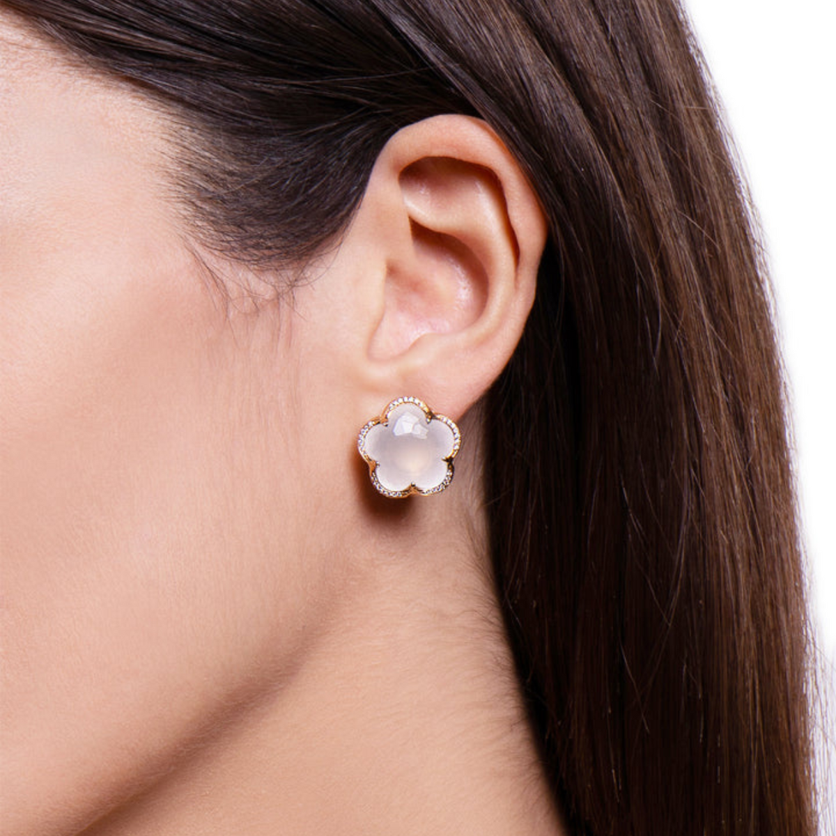 Pasquale Bruni Jewelry - Bon Ton 18K Rose Gold Milky Quartz & Diamond Flower Earrings | Manfredi Jewels