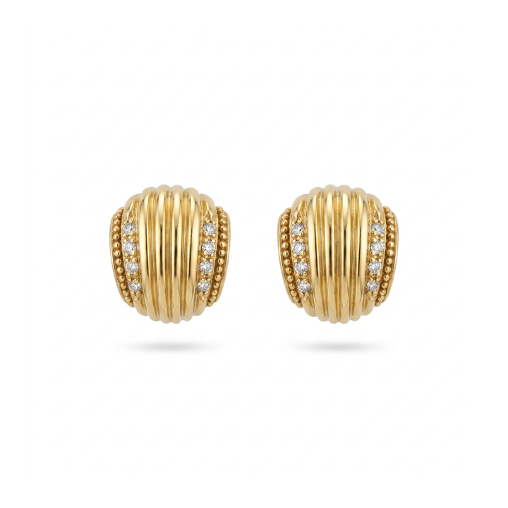 Estate Jewelry Jewelry - Estate 18K Yellow Gold & Diamond Ribbed Earrings | Manfredi Jewels