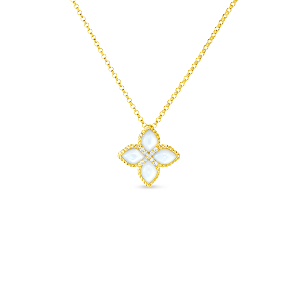 Roberto Coin Jewelry - 18K Yellow Gold Venetian Princess Mother of Pearl & Diamond Medium Flower Necklace | Manfredi Jewels