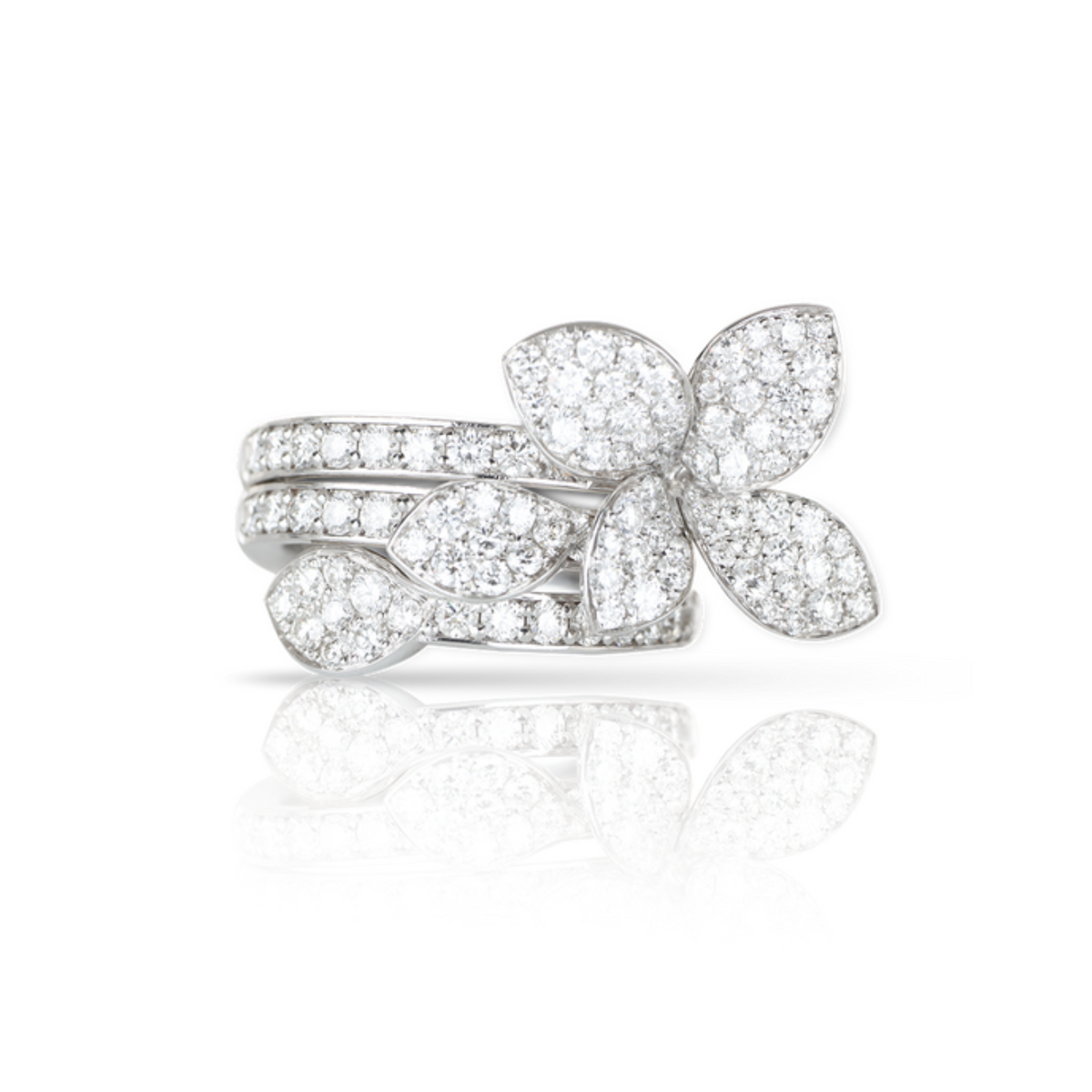 Pasquale Bruni Jewelry - Heart to Earth 18K White Gold Flower & Leaves Pavé Diamond Ring | Manfredi Jewels