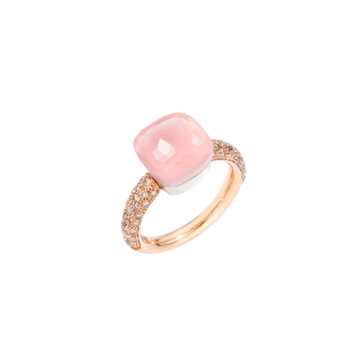 Pomellato Jewelry - Nudo 18K Rose Gold Rose Quartz and Chalcedony with a Brown Diamond Pavé Classic Ring | Manfredi Jewels