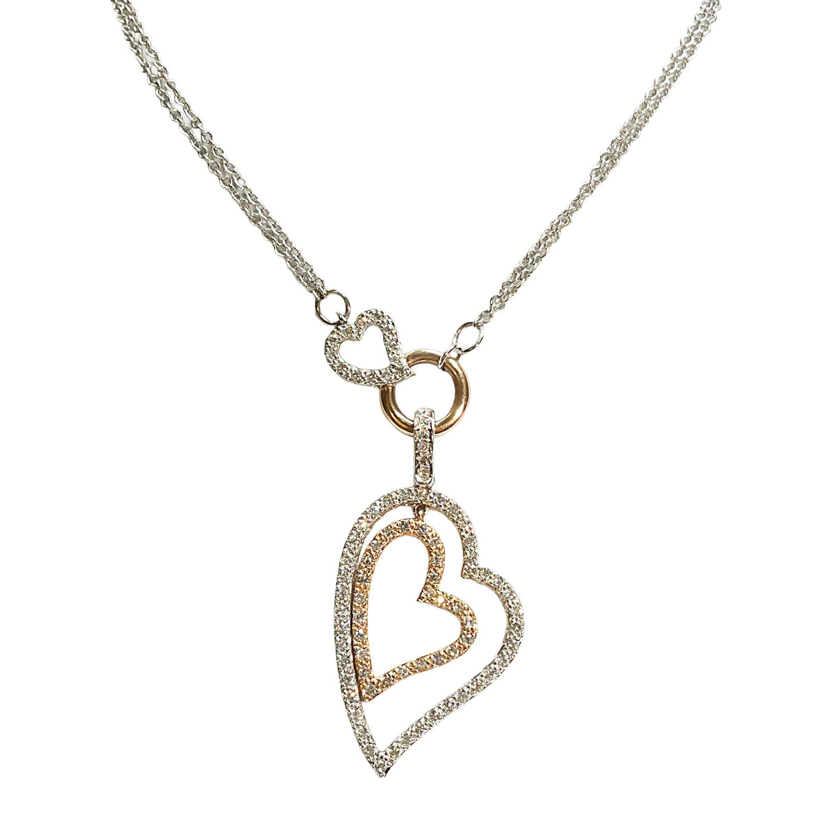 14K Rose & White Gold Double Chain Two Heart Diamond Necklace