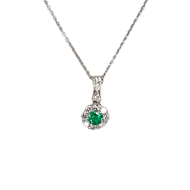 Diamond Cluster Pendant with Center Emerald on Chain in 18K White Gold
