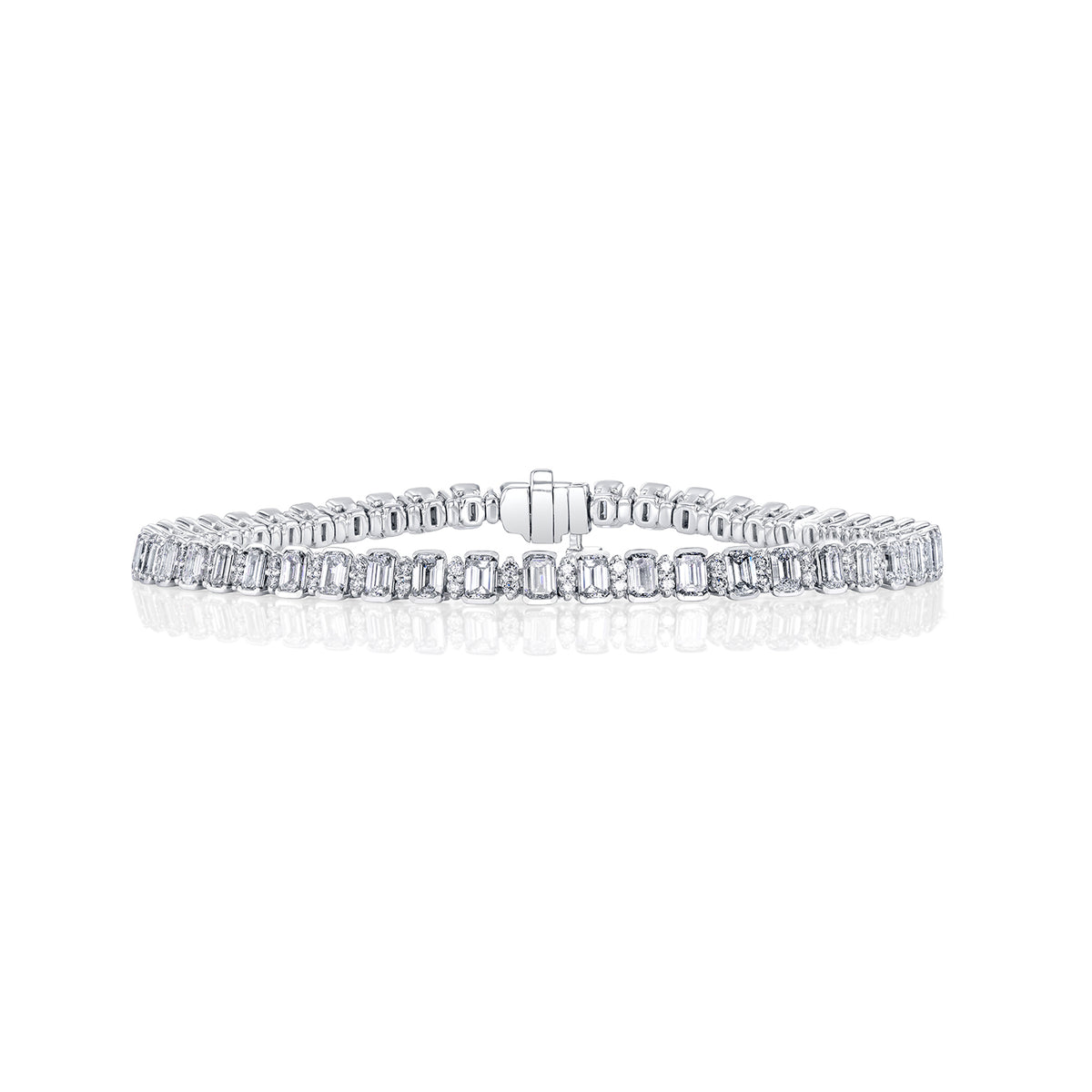 Manfredi Jewels Bracelet - 18K White Gold 7-Inch Single Line Diamond Tennis Bracelet with Emerald-Cut and Round Brilliant Diamonds