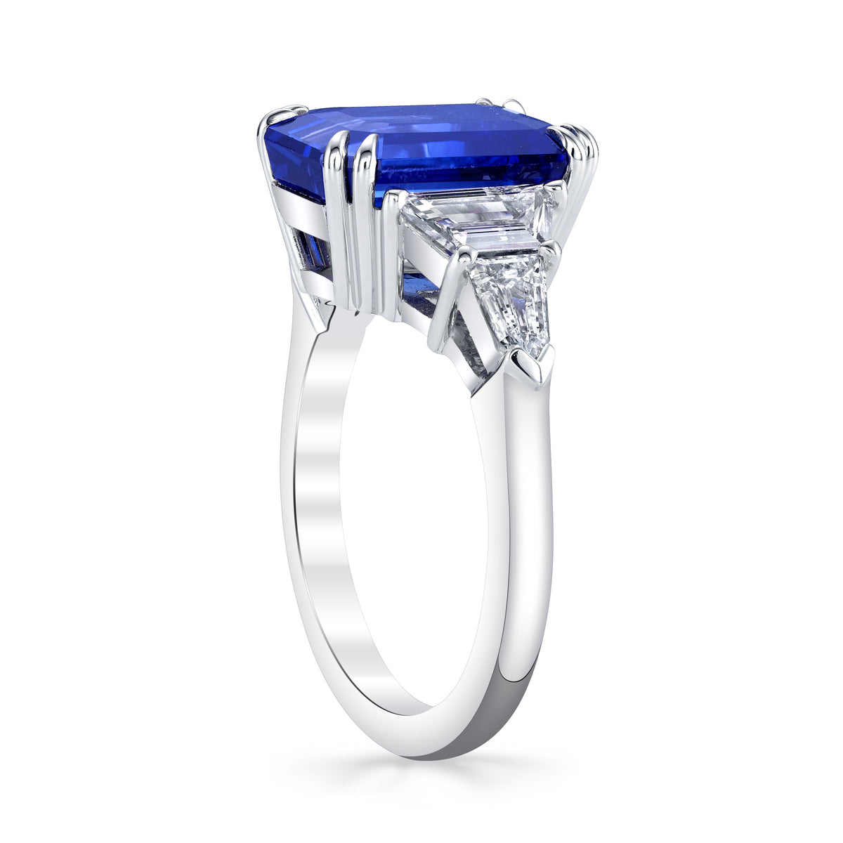 Manfredi Jewels Engagement - Emerald-Cut 6.13ct Sapphire Five-Stone Ring with Step-Cut Trapezoid and Bullet Diamond Side Stones in Platinum