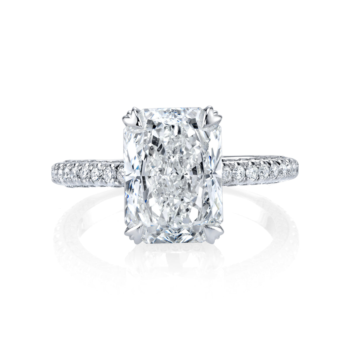 Manfredi Jewels Engagement - Radiant Cut 4.07ct Platinum Diamond Engagement Ring with Three-Sided Micro Pavé Diamond Band | Manfredi Jewels