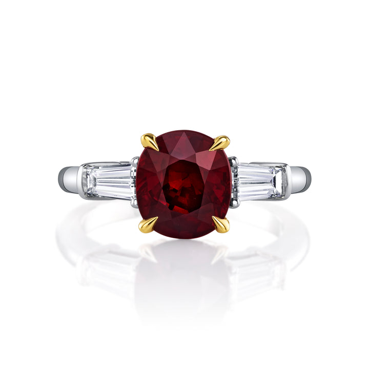 Manfredi Jewels Engagement - Cushion Ruby 3.08ct Three-Stone Ring with Tapered Baguette Side Diamonds in Platinum & 18K Yellow Gold