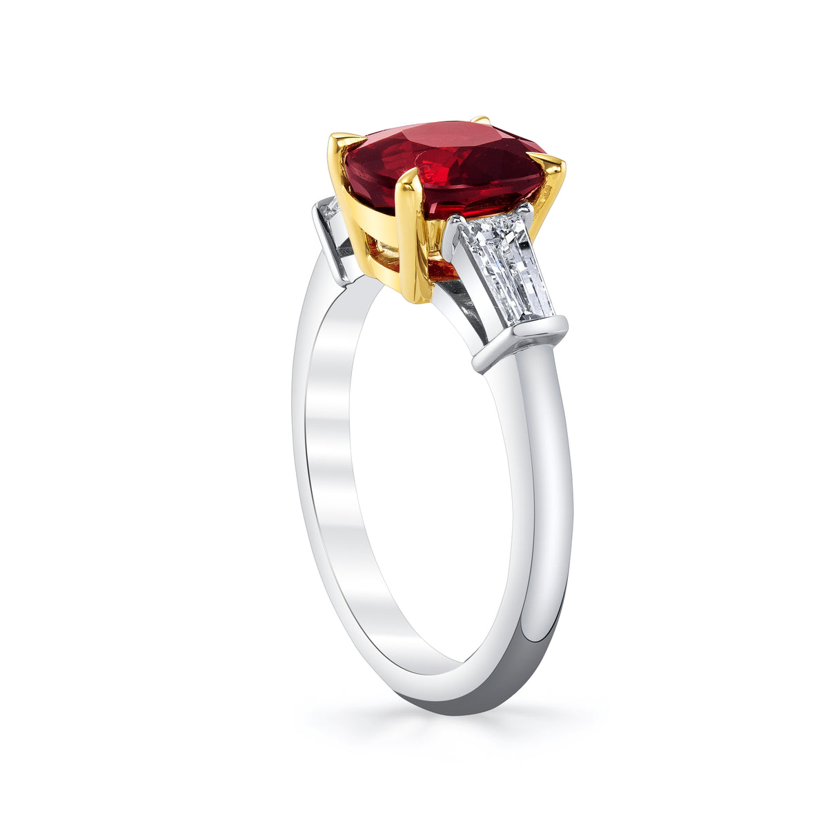 Manfredi Jewels Engagement - Cushion Ruby 3.08ct Three-Stone Ring with Tapered Baguette Side Diamonds in Platinum & 18K Yellow Gold