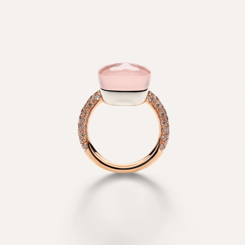Pomellato Jewelry - Nudo 18K Rose Gold Rose Quartz with Brown Diamond Pavé Maxi Ring | Manfredi Jewels