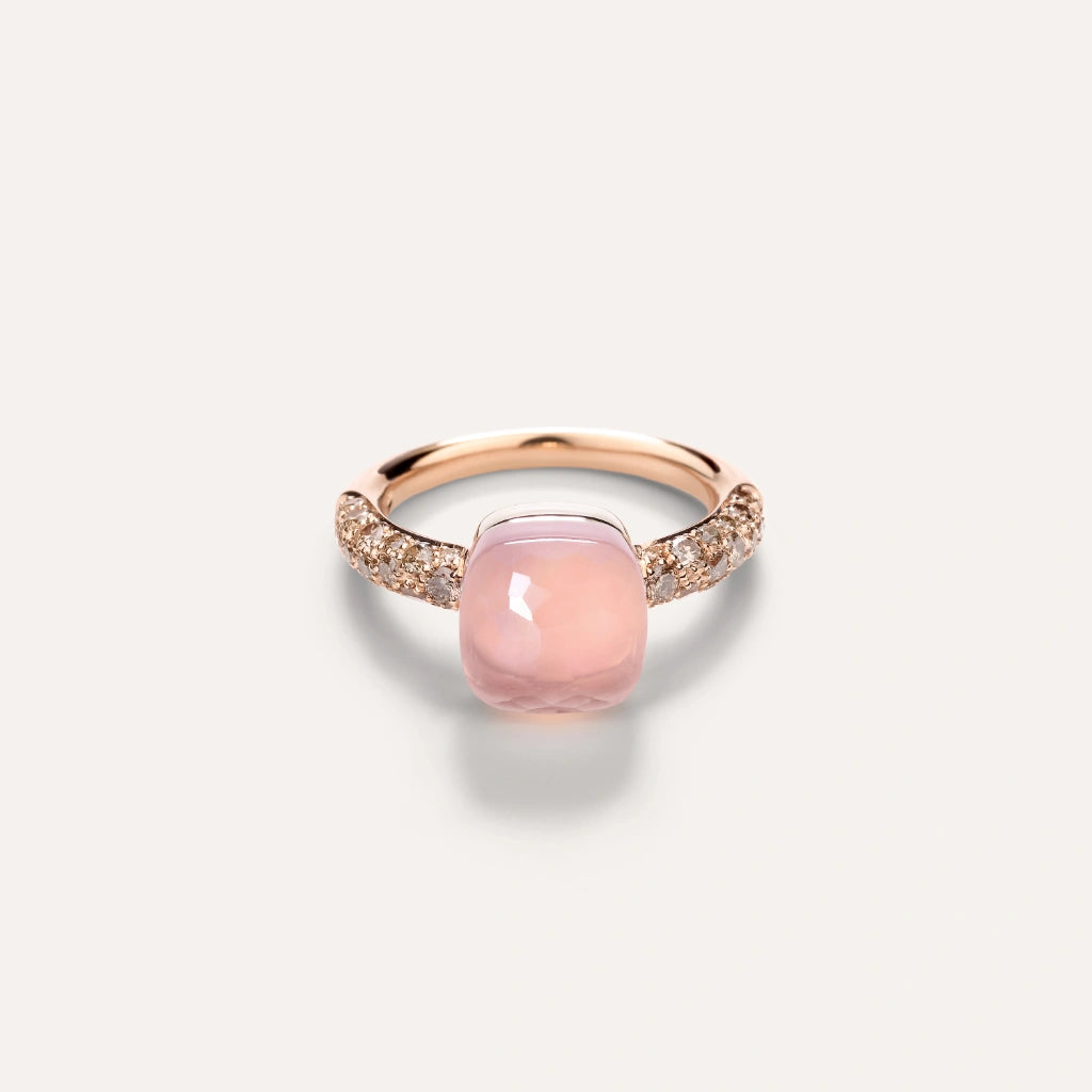 Pomellato Jewelry - Nudo 18K Rose Gold Rose Quartz and Chalcedony with a Brown Diamond Pavé Petit Ring | Manfredi Jewels