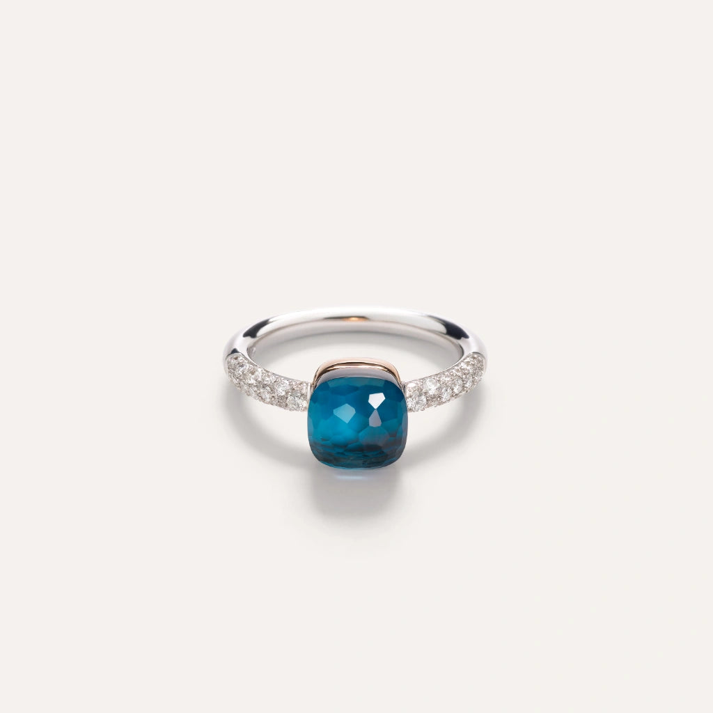 Pomellato Jewelry - Nudo 18K White Gold London Blue Topaz and Turquoise with a Diamond Pavé Petit Ring | Manfredi Jewels