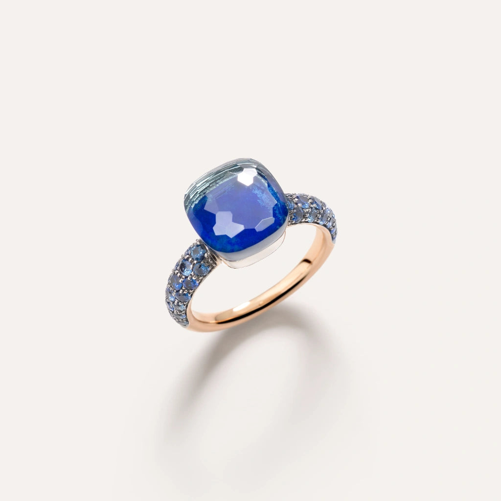 Pomellato Jewelry - Nudo 18k Rose Gold London Blue Topaz with Lapis Lazuli and Sapphire Pavé Classic Ring | Manfredi Jewels