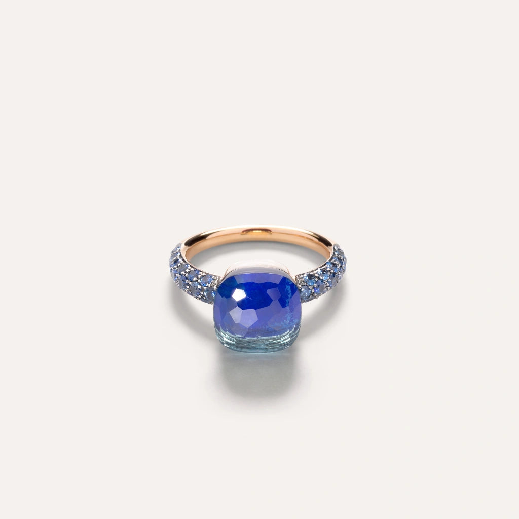 Pomellato Jewelry - Nudo 18k Rose Gold London Blue Topaz with Lapis Lazuli and Sapphire Pavé Classic Ring | Manfredi Jewels