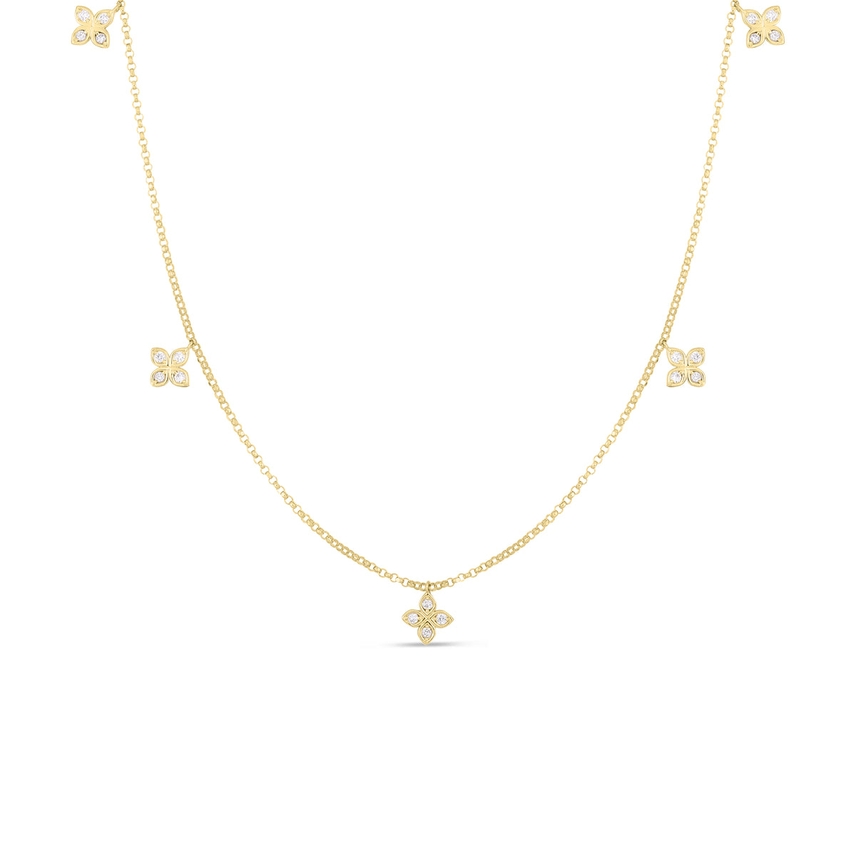 Roberto Coin Jewelry - Diamonds By The Inch 18K Yellow Gold Dangling 5 Station Flower Diamond Necklace | Manfredi Jewels
