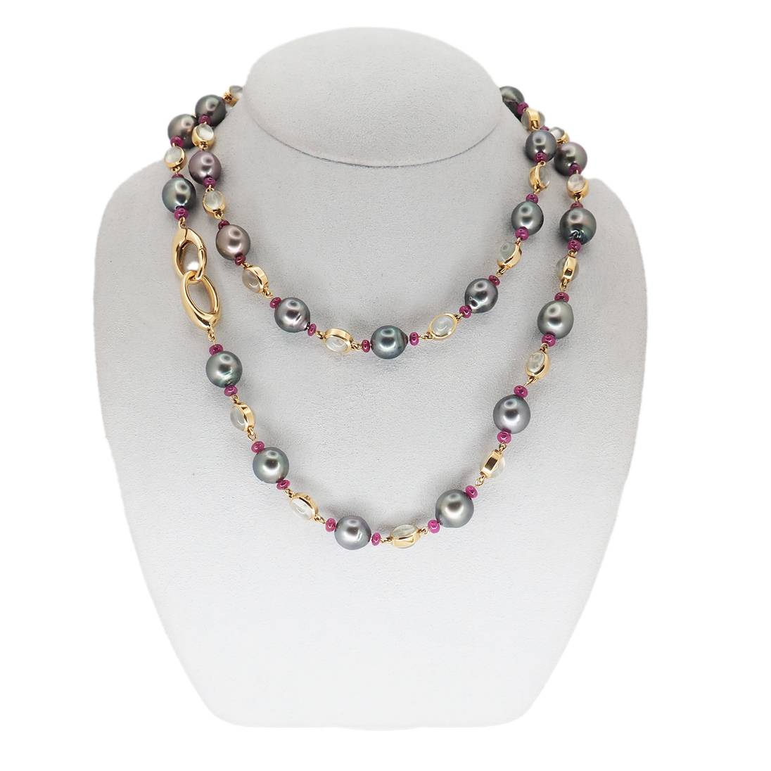 Estate Jewelry Jewelry - 18K Yellow Gold Tahitian Pearl Moonstone and Ruby Long Necklace | Manfredi Jewels