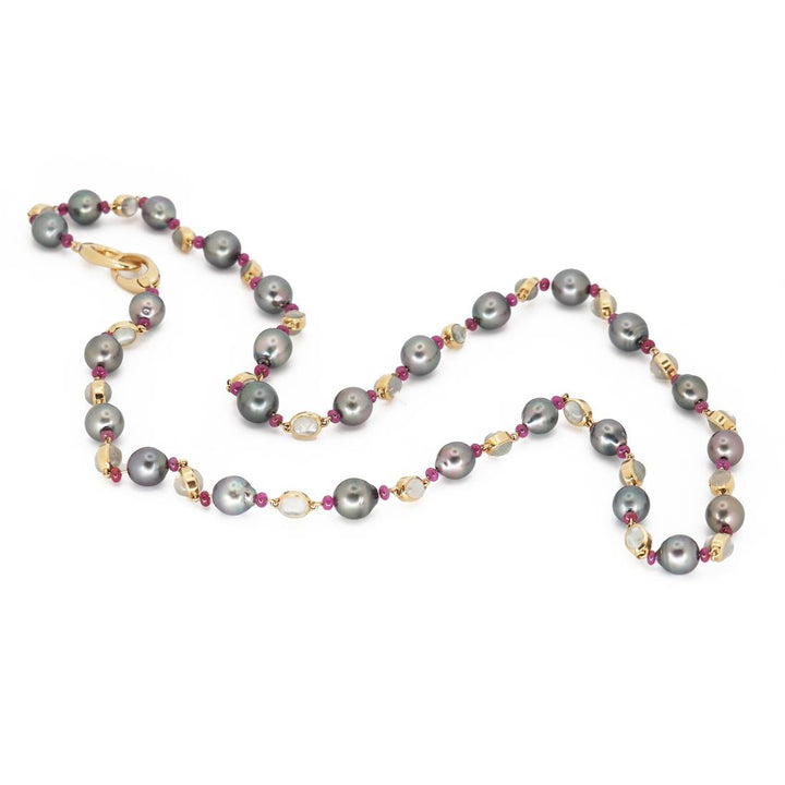 Estate Jewelry Jewelry - 18K Yellow Gold Tahitian Pearl Moonstone and Ruby Long Necklace | Manfredi Jewels