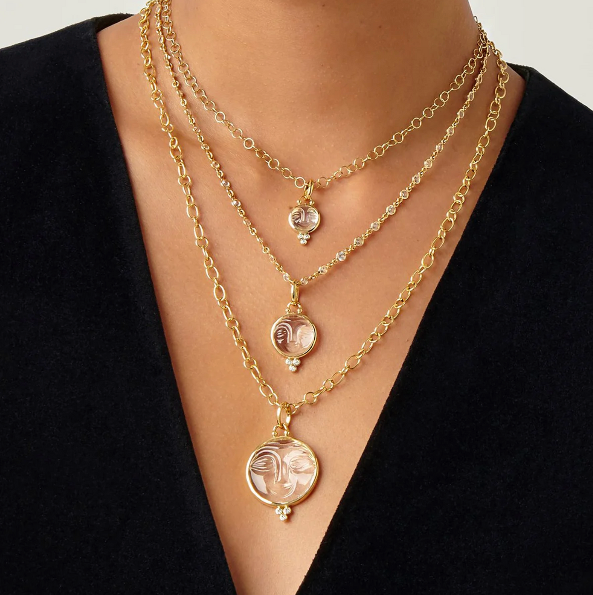 Small 18K Moonface Pendant with Carved Rock Crystal & Diamond