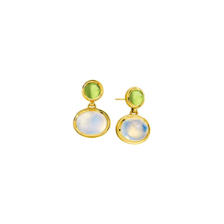 Syna Jewelry - 18K Yellow Gold Moon Quartz & Peridot Cirra Oval Moon Drop Earrings | Manfredi Jewels