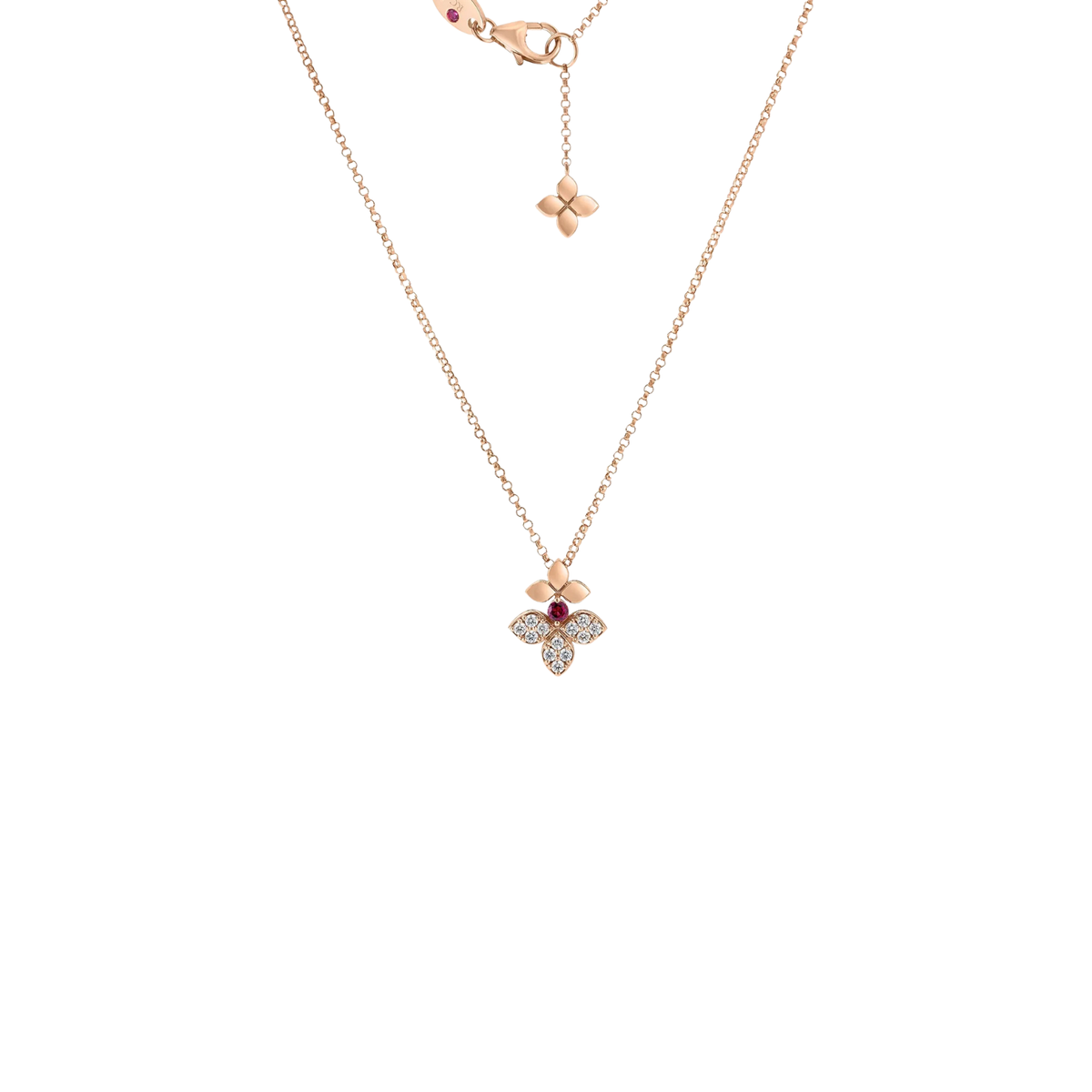 Roberto Coin Jewelry - 18K Yellow Gold Love in Verona Diamond and Rubellite Split Flower Necklace | Manfredi Jewels