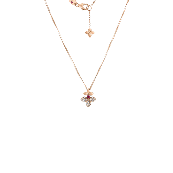 Roberto Coin Jewelry - 18K Yellow Gold Love in Verona Diamond and Rubellite Split Flower Necklace | Manfredi Jewels