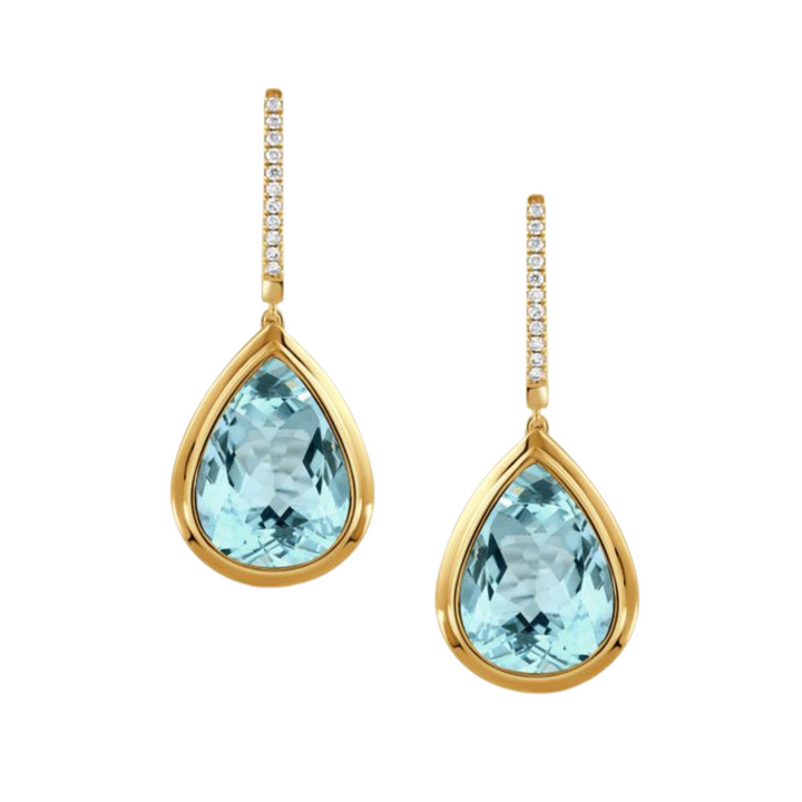 Doves Jewelry - Sky Blue 18K Yellow Gold Topaz Diamond Set Hoop Drop Earrings | Manfredi Jewels