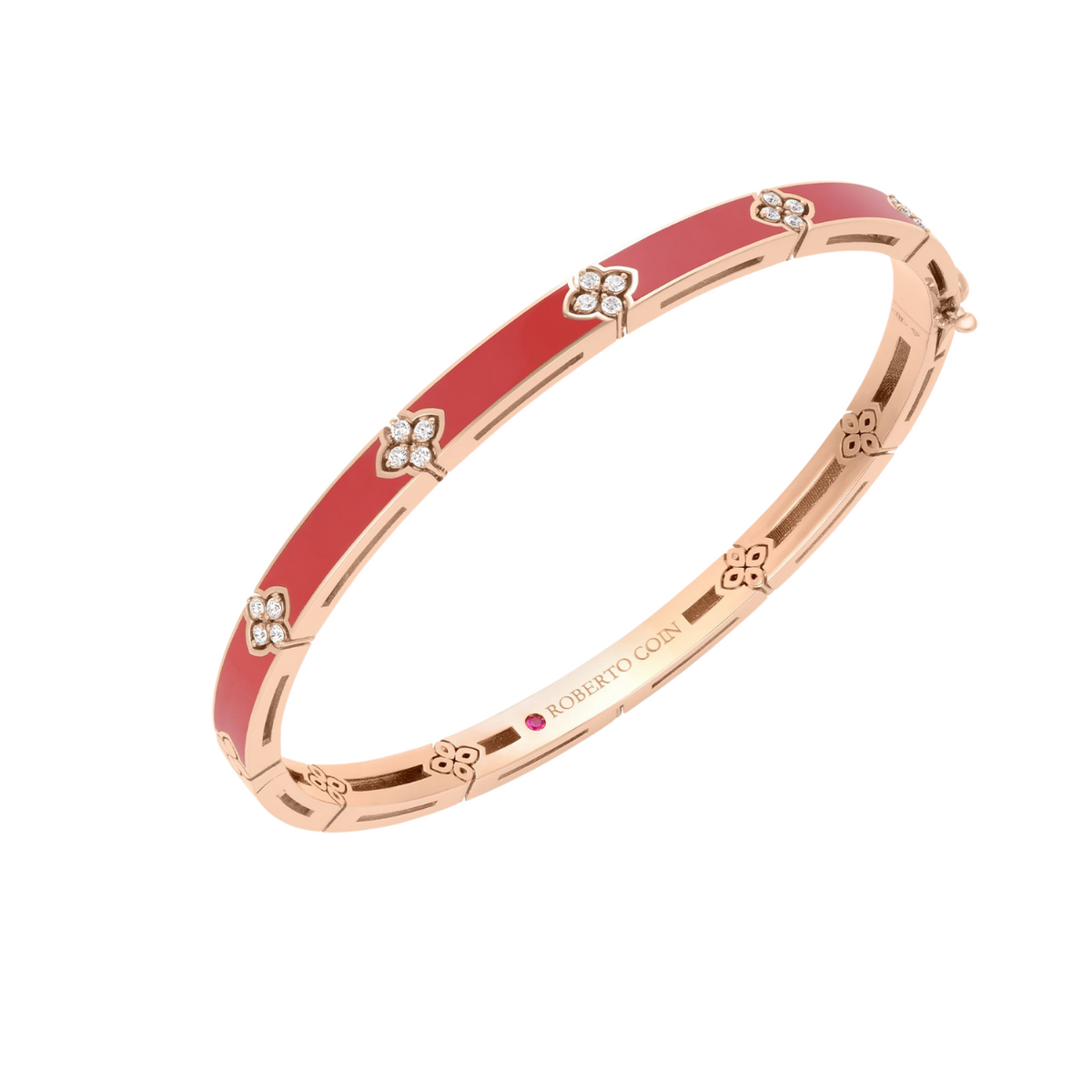 Roberto Coin Jewelry - 18K Rose Gold Diamond & Coral Enamel Love In Verona Bangle | Manfredi Jewels