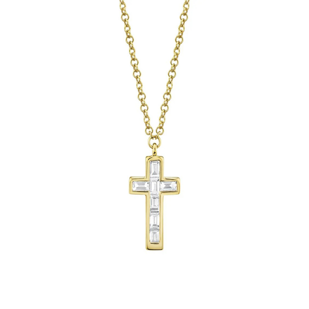 Shy Creation Jewelry - 14K Yellow Gold 0.17ct Diamond Baguette Cross Necklace | Manfredi Jewels
