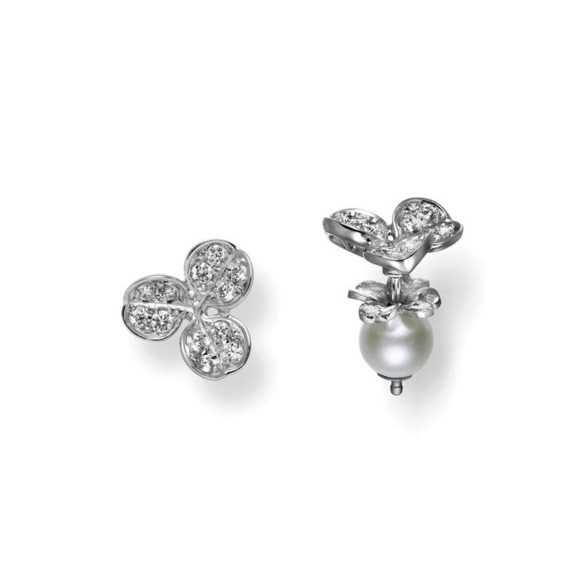Mikimoto Jewelry - Fortune Leaves 18K White Gold Akoya Cultured Pearl & Diamond Stud Earrings | Manfredi Jewels