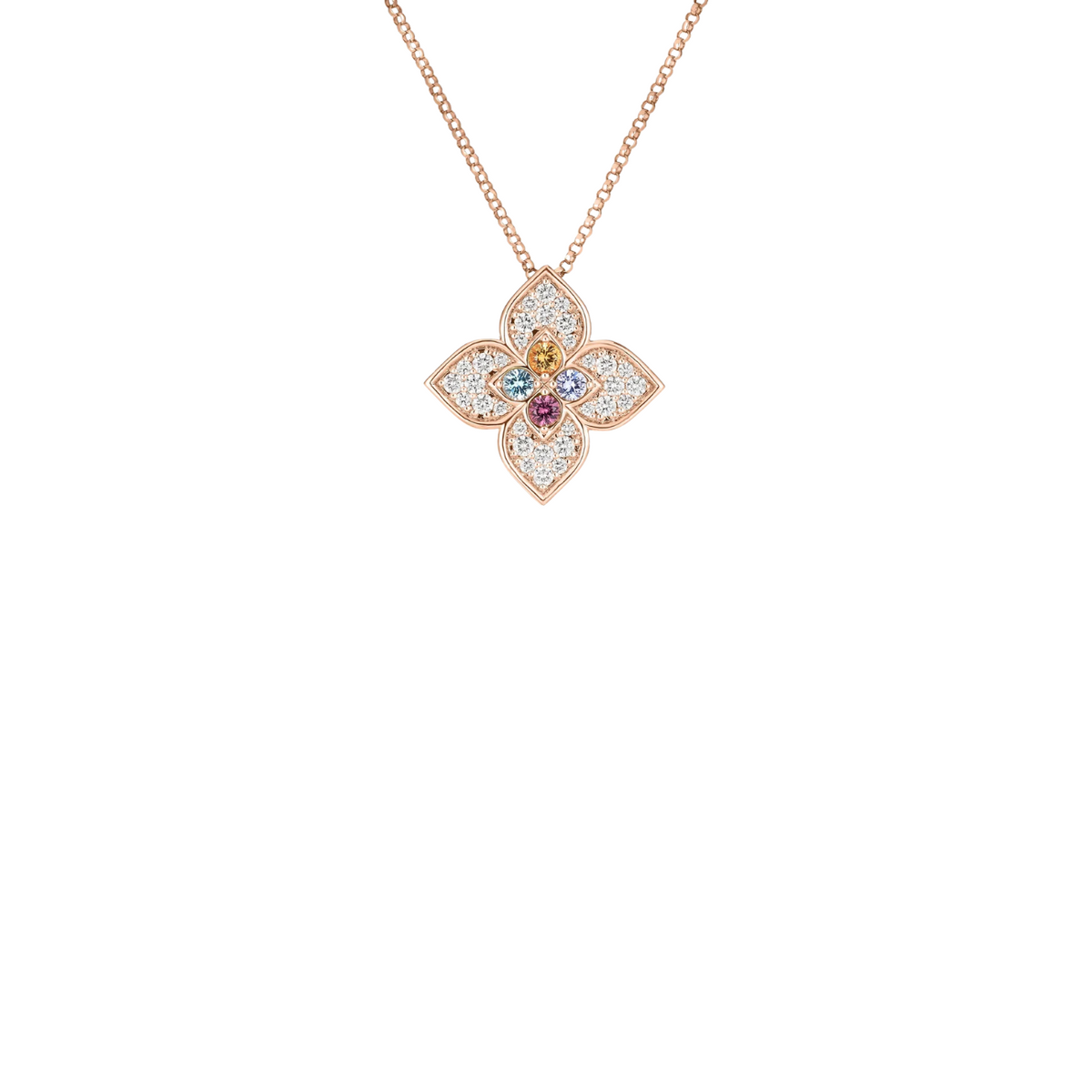 Roberto Coin Jewelry - 18K Rose Gold Venetian Princess Carnival Pave Diamond And Mixed Stones Flower Necklace | Manfredi Jewels